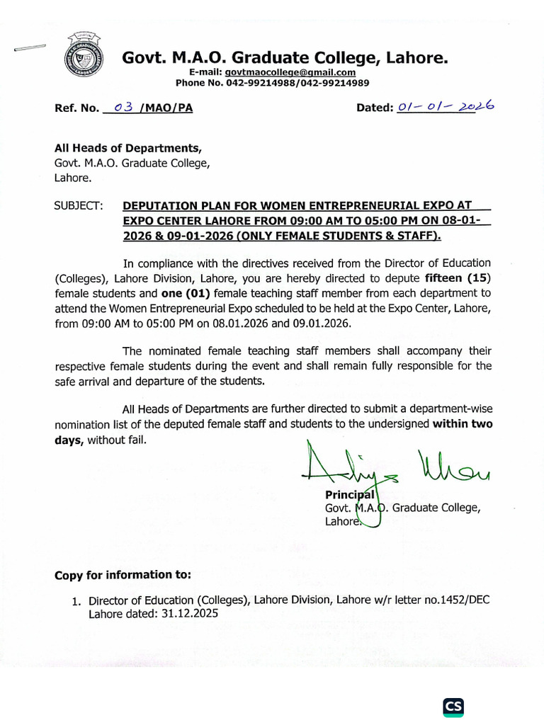 Deputation Plan For Female Staff & Students at Expo Center | PDF