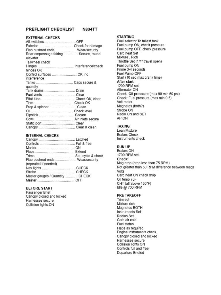 Preflight Checklist n834tt | PDF | Vehicles | Vehicle Technology
