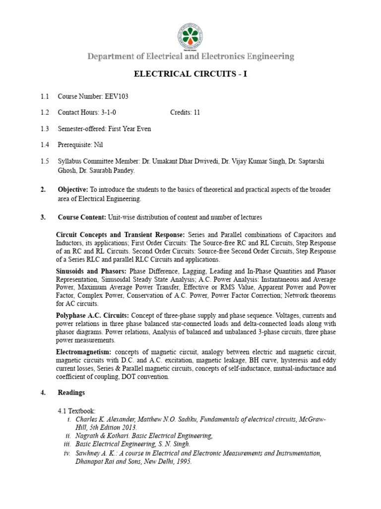 Syllabus - Electrical Circuits - I | PDF | Ac Power | Inductance