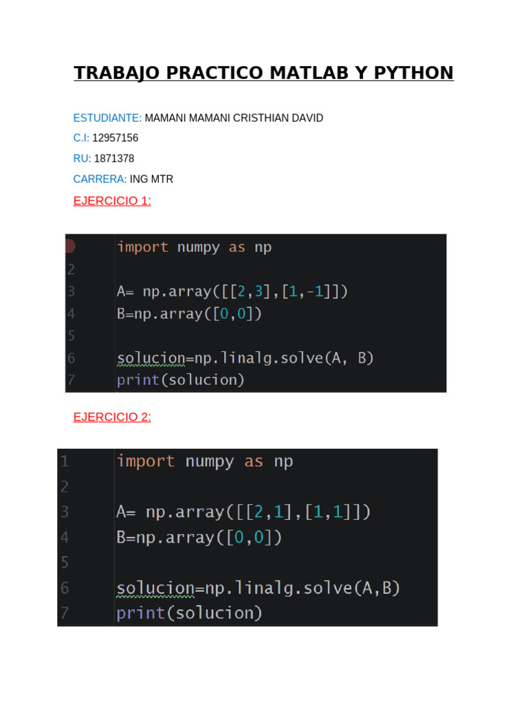 Trabajo Practico Matlab y Python Mamani Mamani Cristhian David | PDF