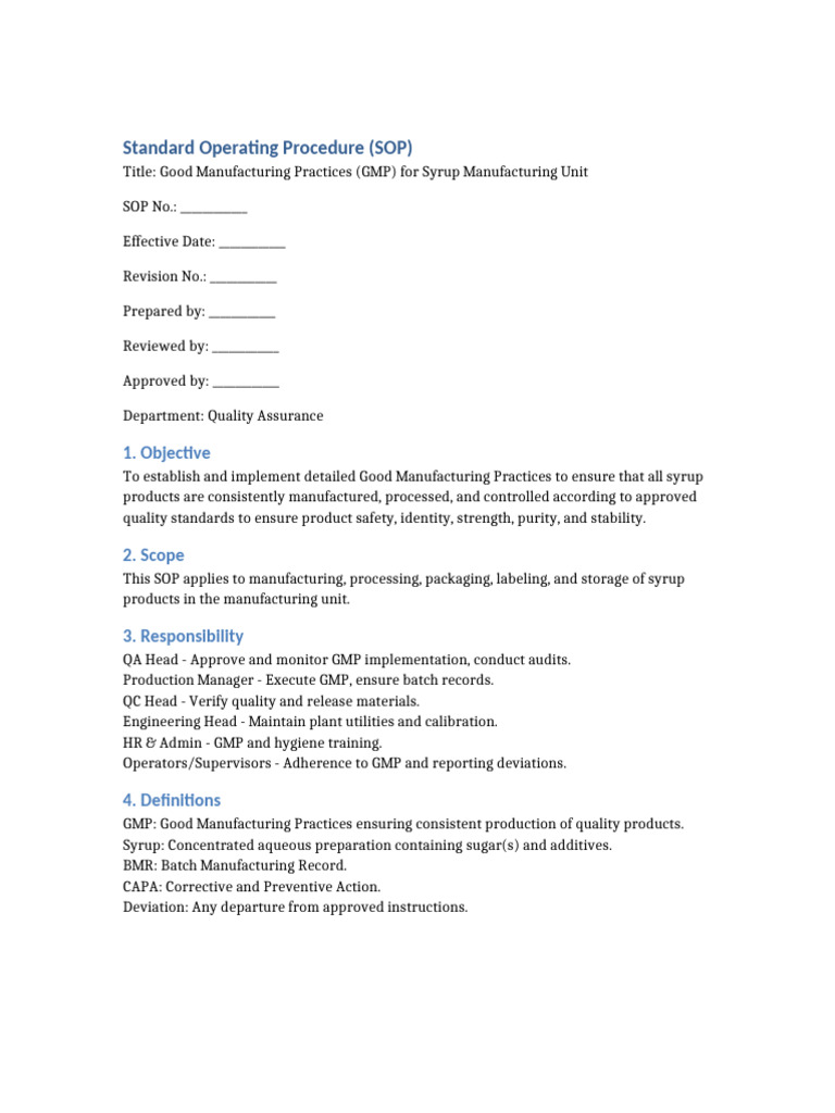 Detailed SOP GMP Syrup Manufacturing Unit | PDF | Audit