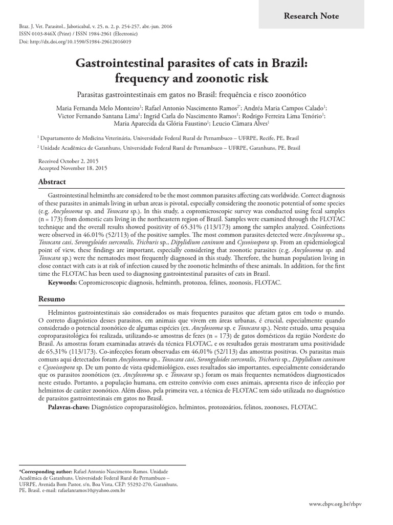 Gastrointestinal Parasites of Cats in Brazil: Frequency and Zoonotic ...
