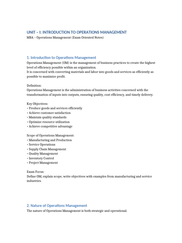 MBA Operations Management Unit I Complete Notes | PDF | Operations ...