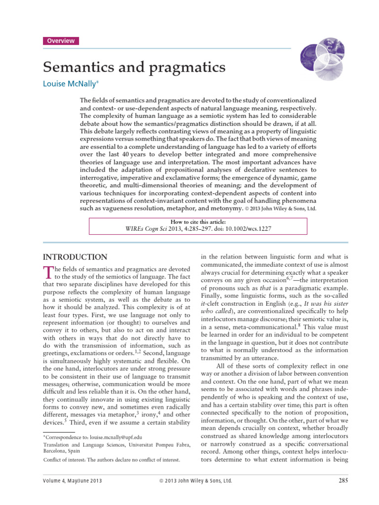 WIRES Cognitive Science - 2013 - McNally - Semantics and Pragmatics ...