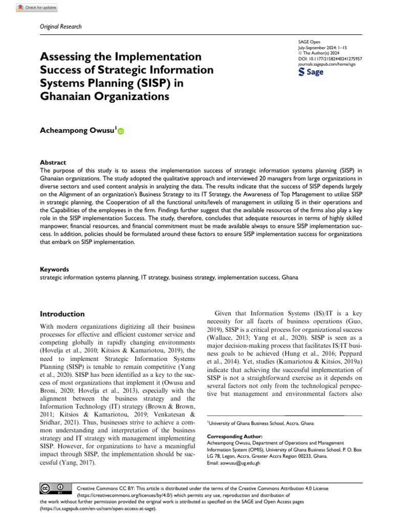 Assessing the Implementation Success of Strategic Information Systems ...