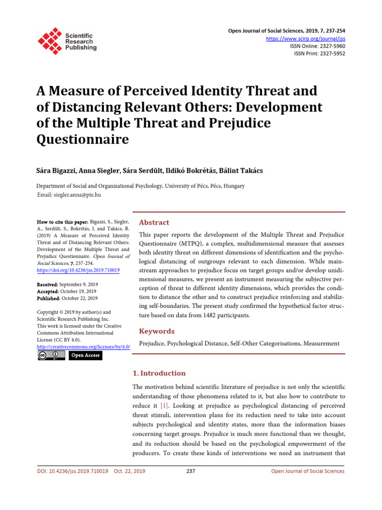 A Measure of Perceived Identity Threat | PDF | Prejudices | Behavioural ...