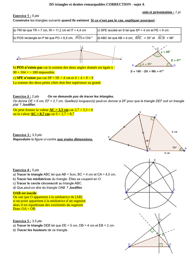 DS Triangles Et Droites Remarquables CORRECTION | PDF | Triangle ...
