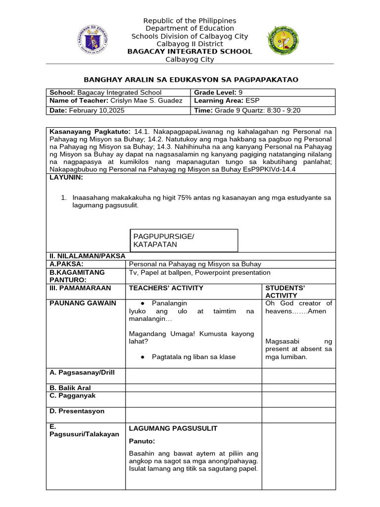 ESP 9 Q4 - W3 Summative Test | PDF