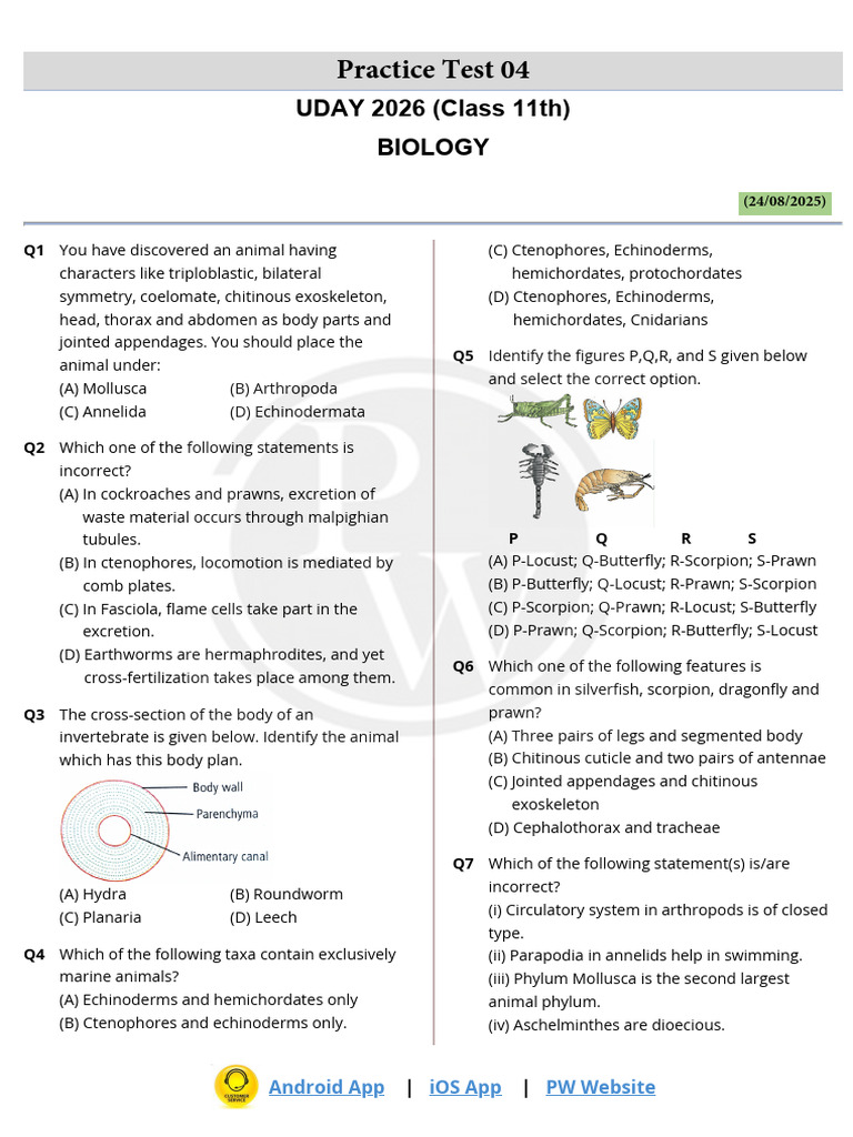 Practice Test 04 - Test Paper (Biology) | PDF | Mollusca | Gill