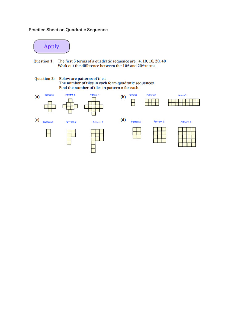 Practice Sheet on Quadratic Sequence | PDF