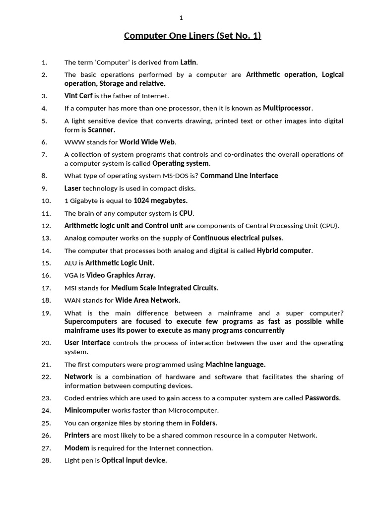 Computer One Liner (Set No. 1) | PDF | Computer Data Storage ...