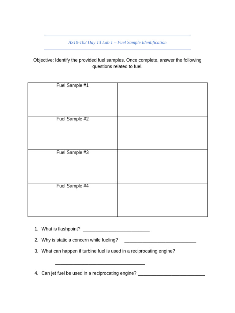 AS10-102 Day 13 Lab 1 - Fuel Samples | PDF