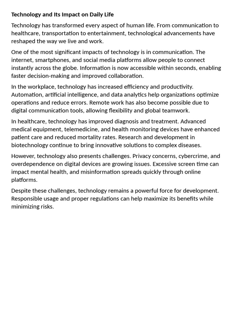 Technology and Its Impact On Daily Life | PDF