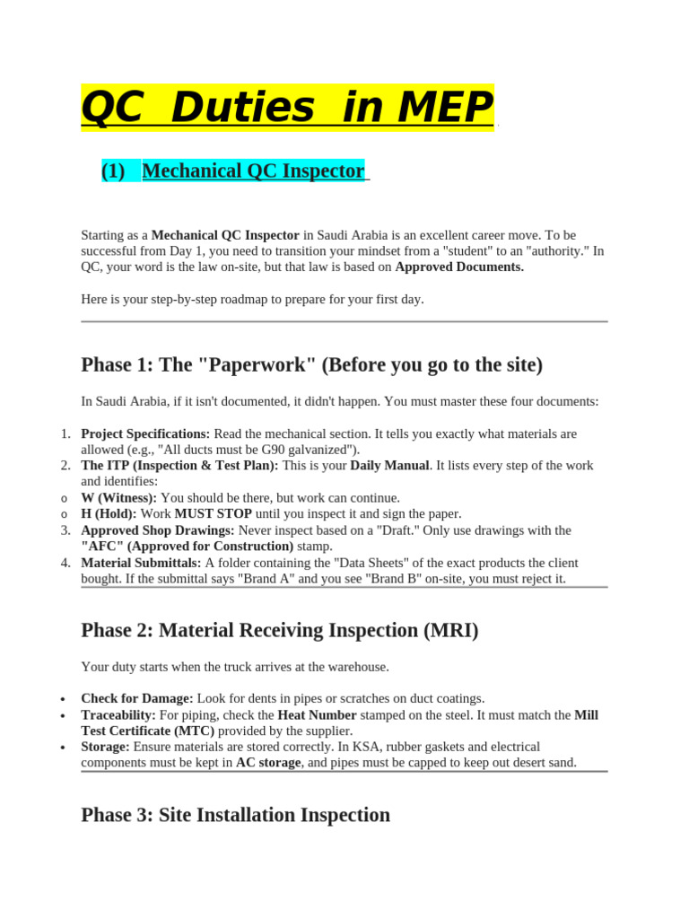 QC Duties in MEP | PDF | Duct (Flow) | Pipe (Fluid Conveyance)