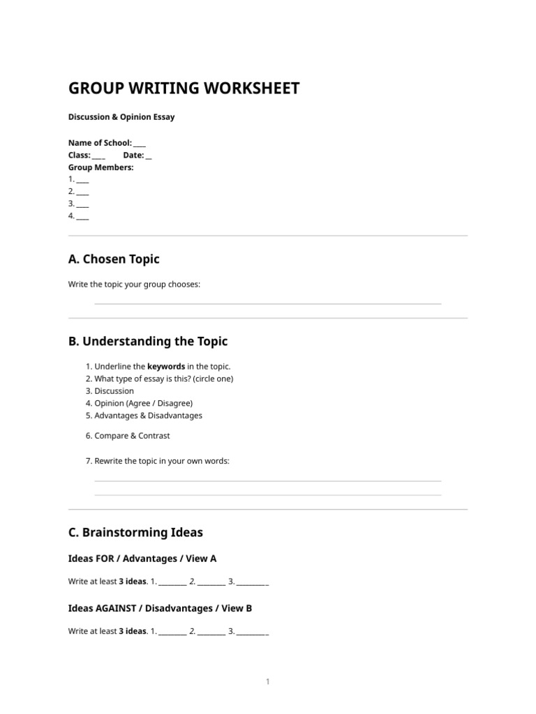 Group Writing Worksheet – Discussion Essay | PDF