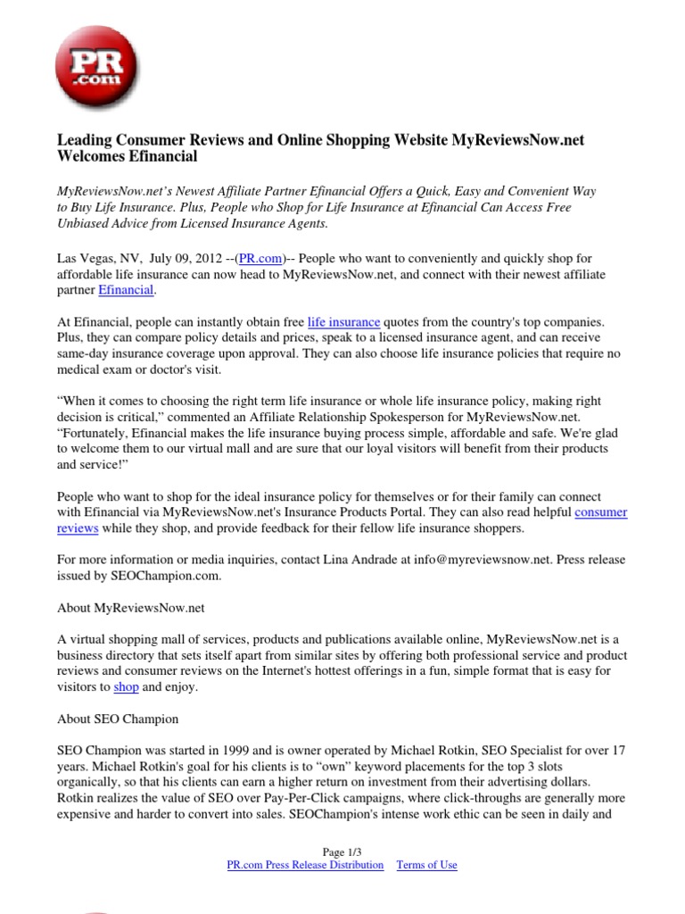 Leading Consumer Reviews and line Shopping Website MyReviewsNow Wel es Efinancial Search Engine Optimization