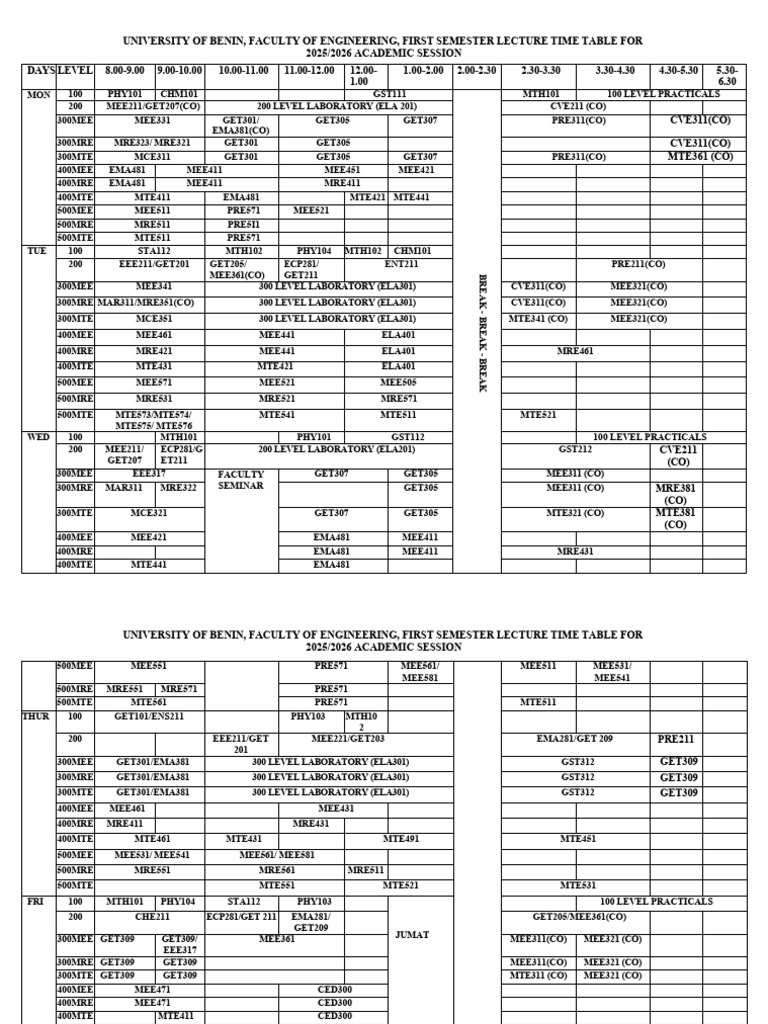 2025-2026, 1ST SEMESTER Time Table | PDF | Academia