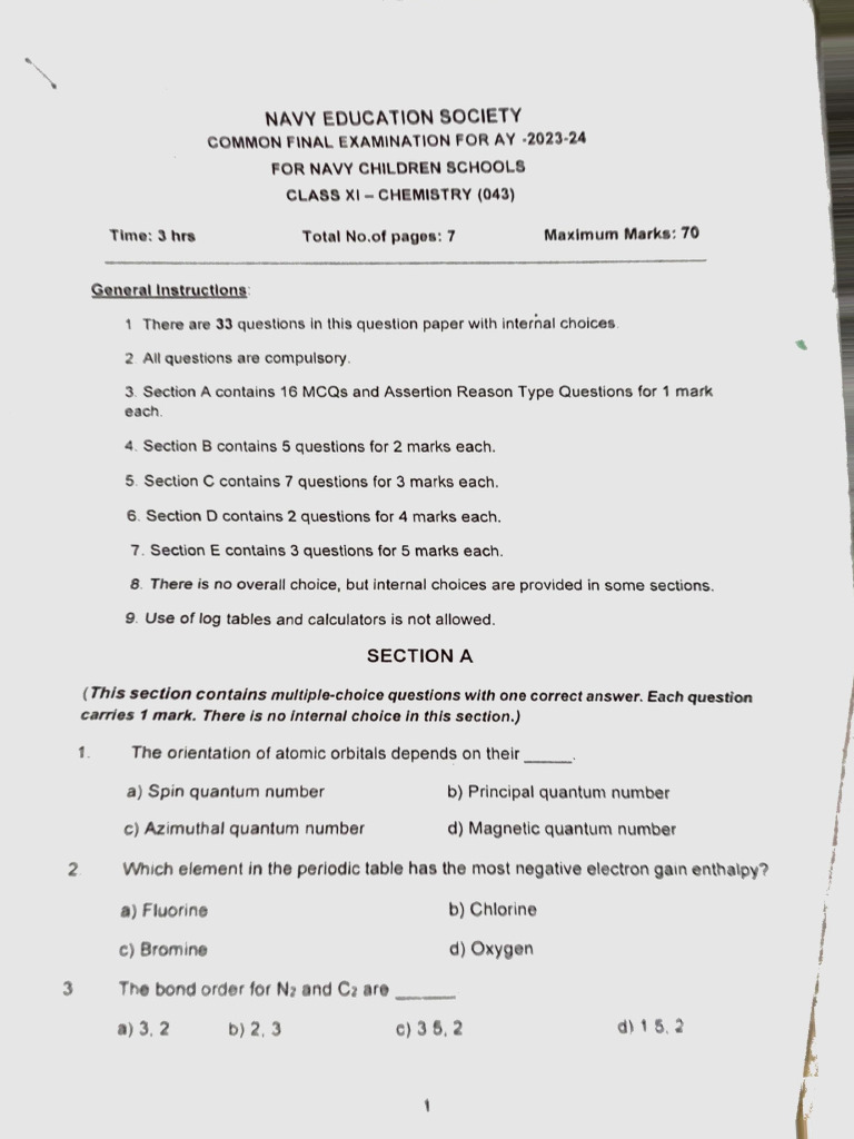 Chemistry NES COMMON PAPER Previous Year | PDF | Chemical Substances ...