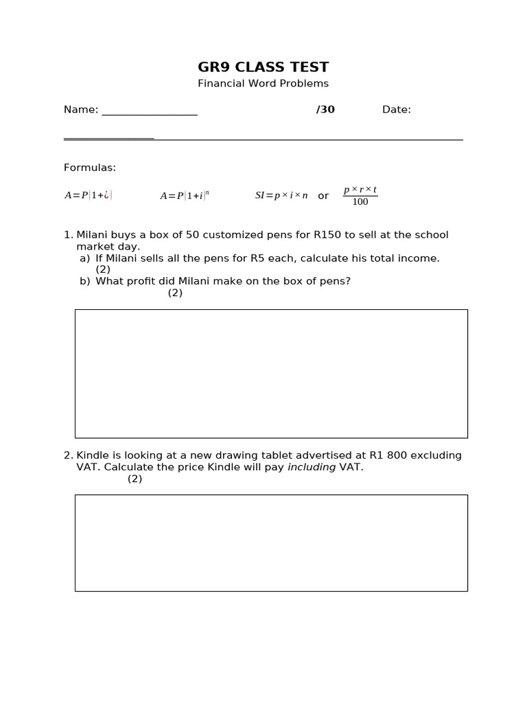 (Gr9) Financial Maths Class Test | PDF