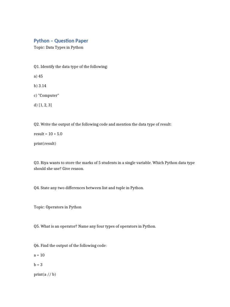 Python DataTypes Operators Tokens TypeCasting Questions | PDF