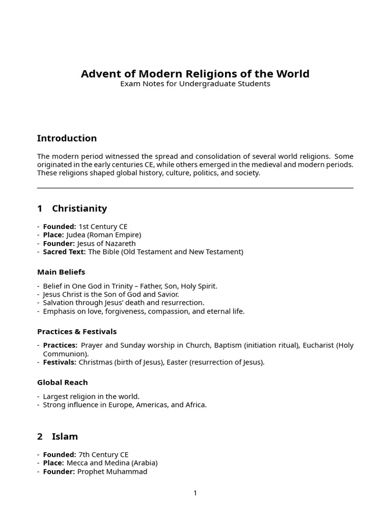 Modern Religions Study Notes | PDF | Spirituality | Abrahamic Religions