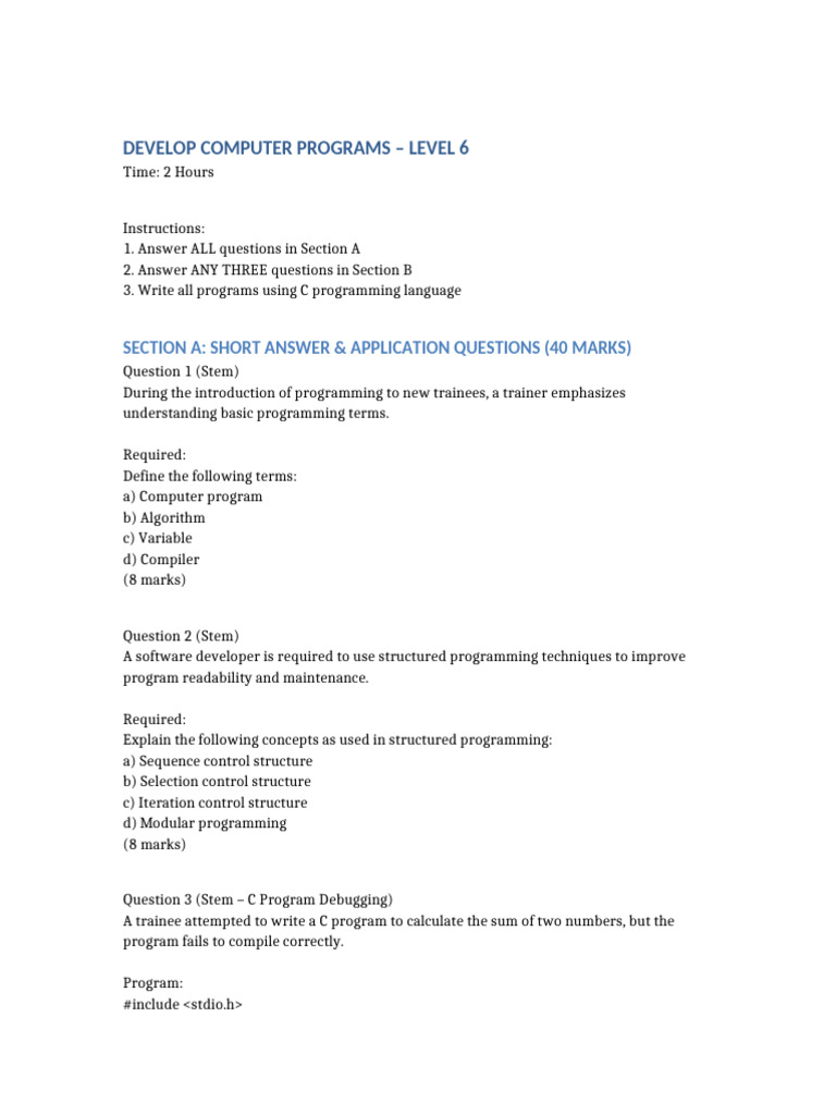 Develop_Computer_Programs_Level_6_Exam_With_Stems | PDF | Computer ...