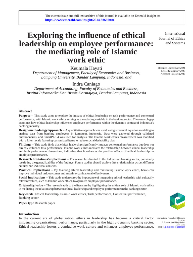 Hayati 2025 Exploring The Influence of Ethical Leadership On Employee ...