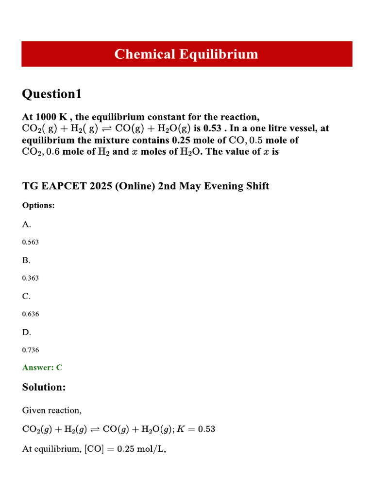 Chemical Equilibrium TS EAMCET Previous Year Questions PDF | PDF