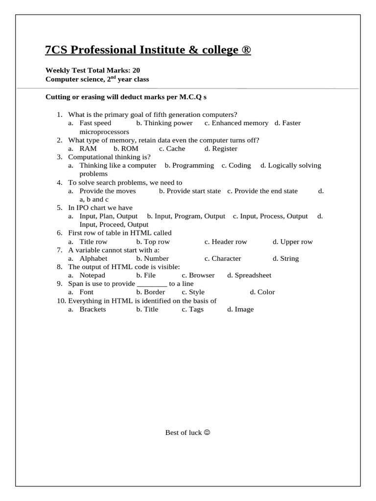 7CS Professional Institute of Computer Sciences Weekly Test | PDF