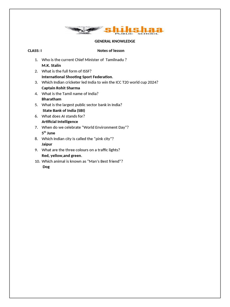 i Std General Knowledge Notes | PDF