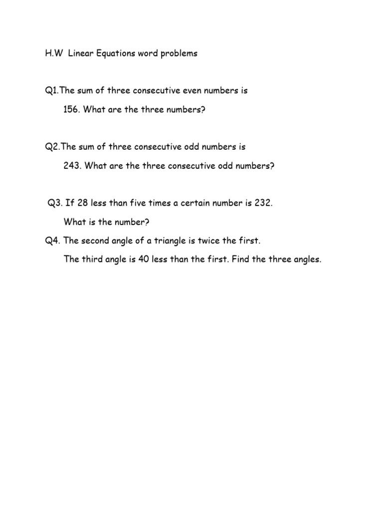 H.W Word Problems Linear Equations | PDF