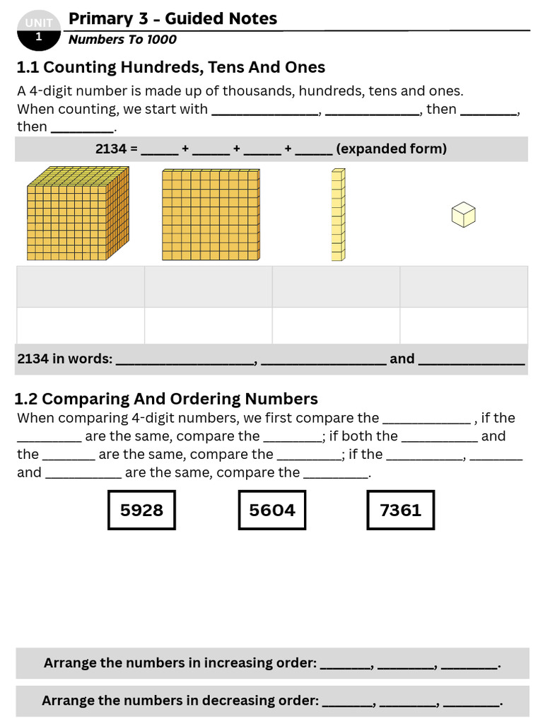Primary 3 Math Unit 1 Guided Notes | PDF