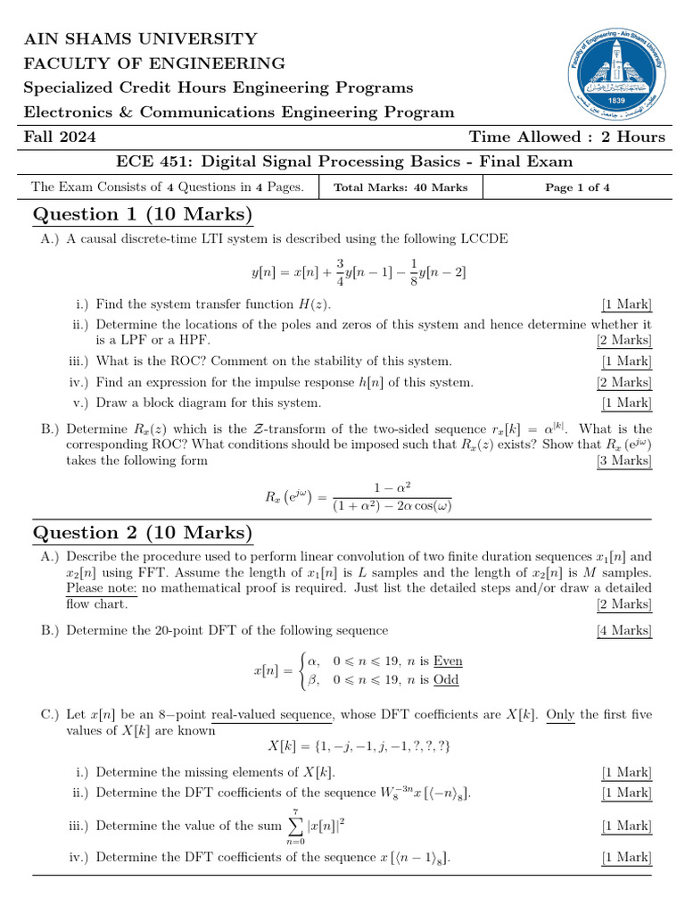 05-A-ECE451s Final Exam Sheet | PDF | Low Pass Filter | Sampling ...