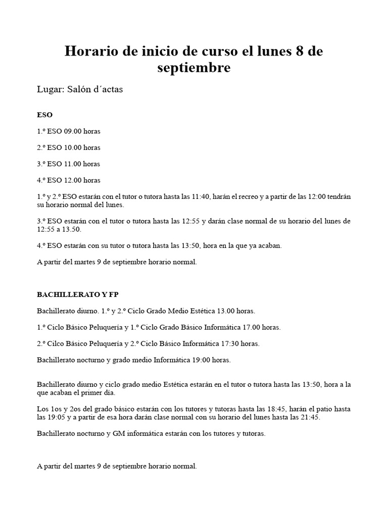Horario Inicio Curso 8 de Septiembre CAST | PDF