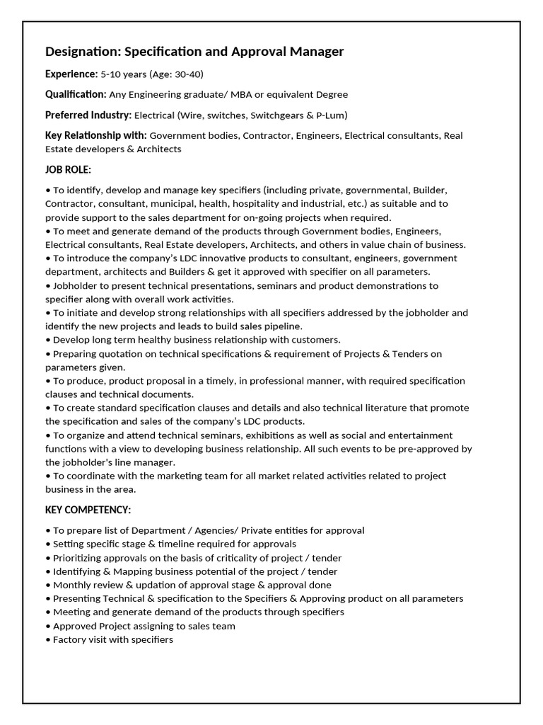 JD - Specification & Approval Manager | PDF | Specification (Technical ...