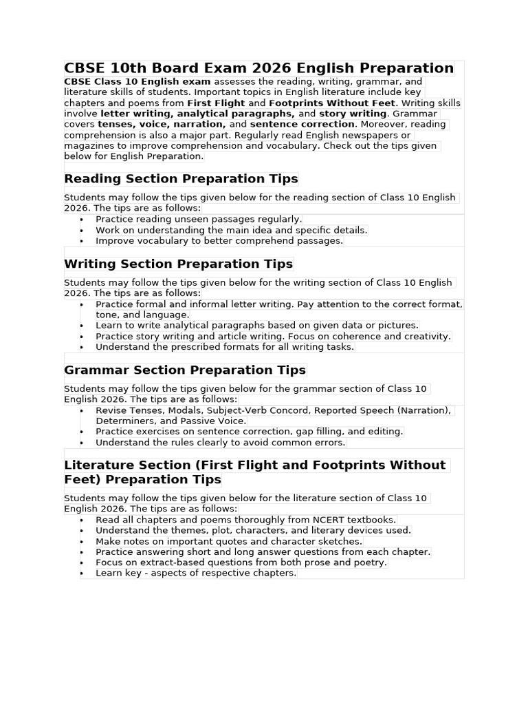 CBSE 10th Board Exam 2026 English Preparation: Reading Section ...