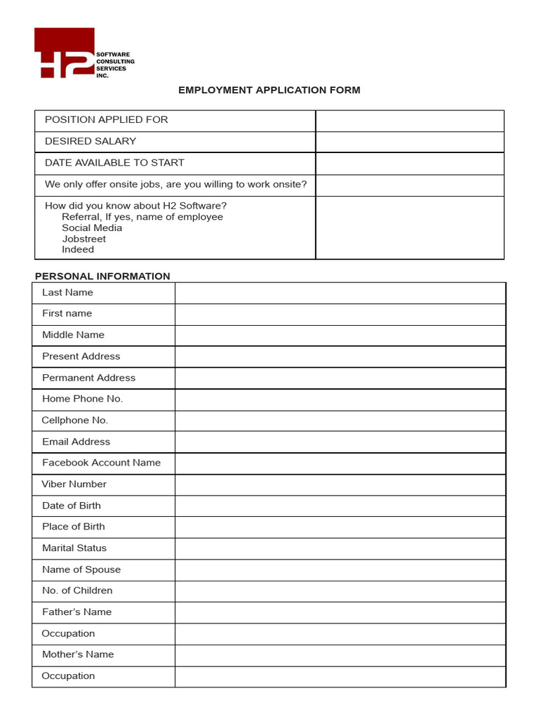 H2 Employment Application Form_Your Name | PDF