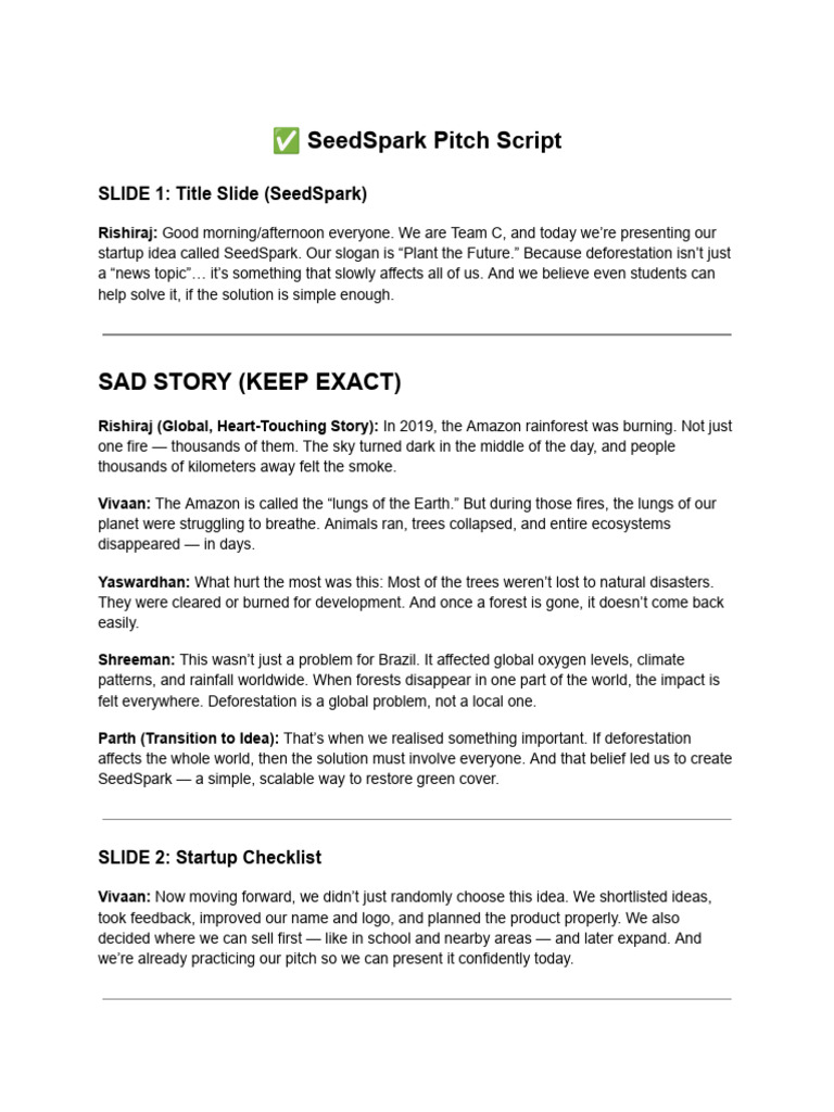 SeedSpark Pitch Script | PDF | Pricing | Deforestation