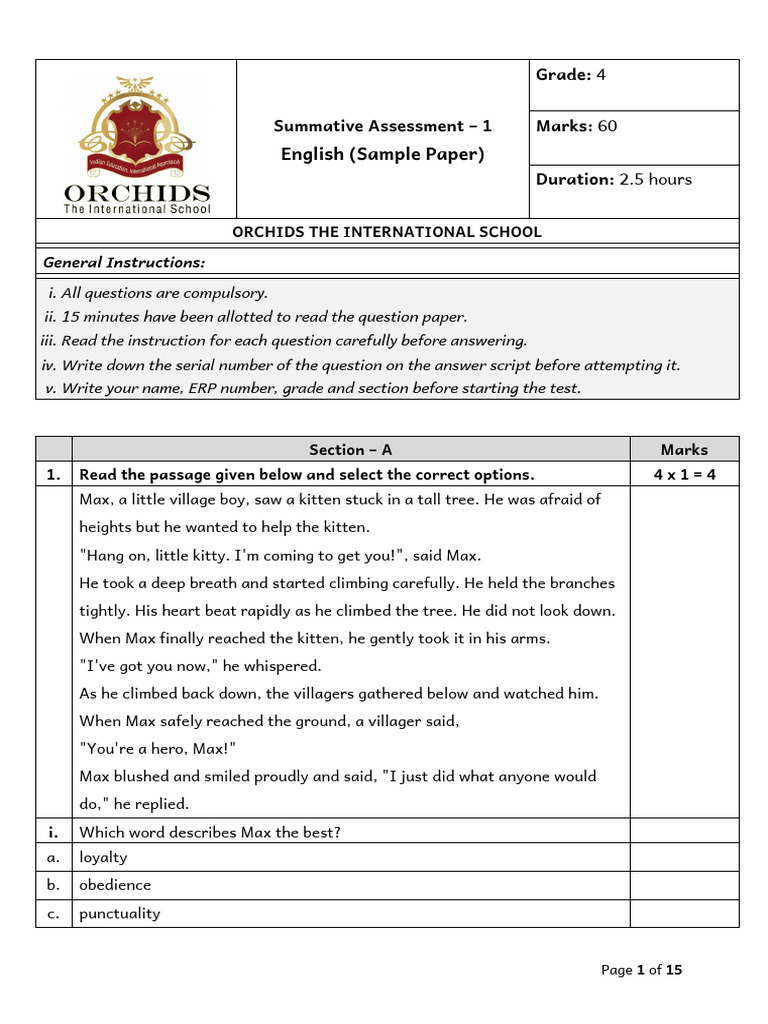 SA1 T1 Grade 4 English As Set A Sample Paper | PDF | Kaa | Grammatical ...