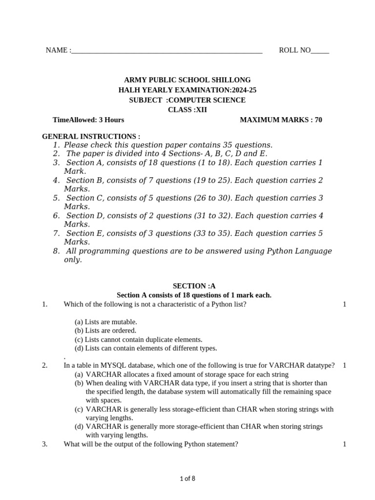 2024 - 25 Half Yearly Computer SC Class 12 | PDF | Computer Network ...