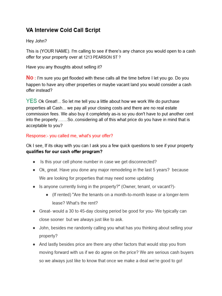 VA Interview Cold Call Script | PDF | Property | Property Law