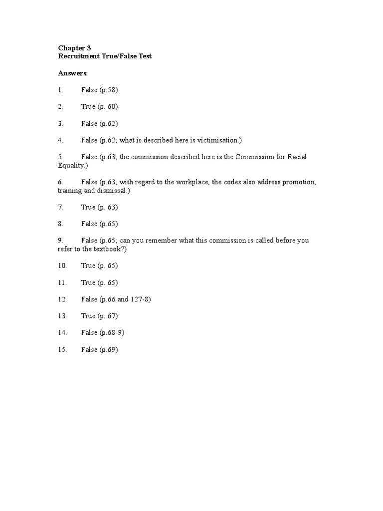 Recruitment True/False Test Answers | PDF | Teaching Methods & Materials