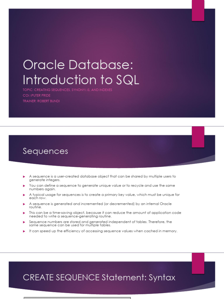 Oracle Database - Creating Sequences, Synonyms, and Indexes | PDF ...
