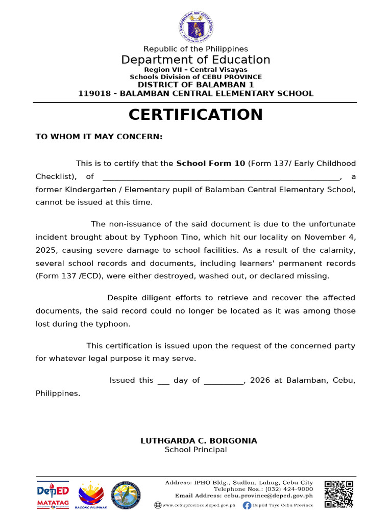 Certification I Non-Issuance of Form 137 I Ecd I Due To Typhoon | PDF