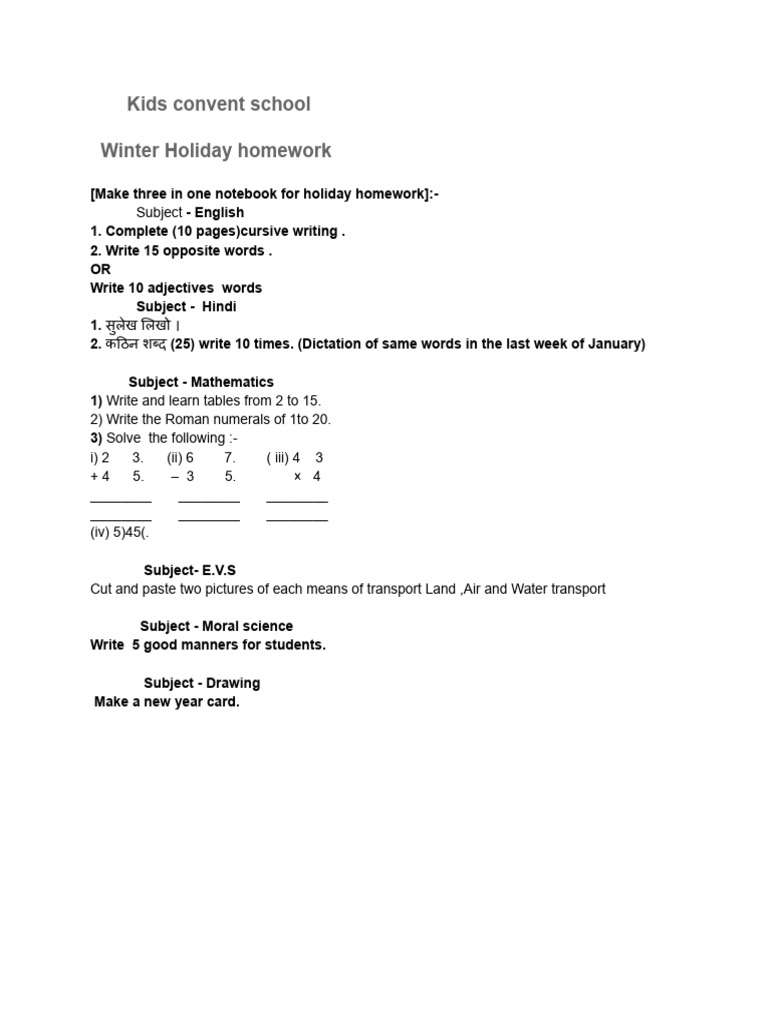 Winter Holiday Homework for Class -2nd (1) | PDF