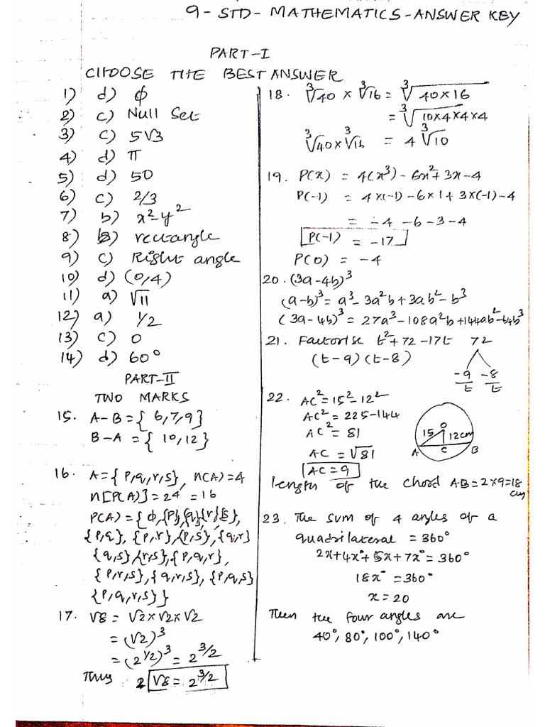 9th Maths Hly Answer Key&Qp | PDF