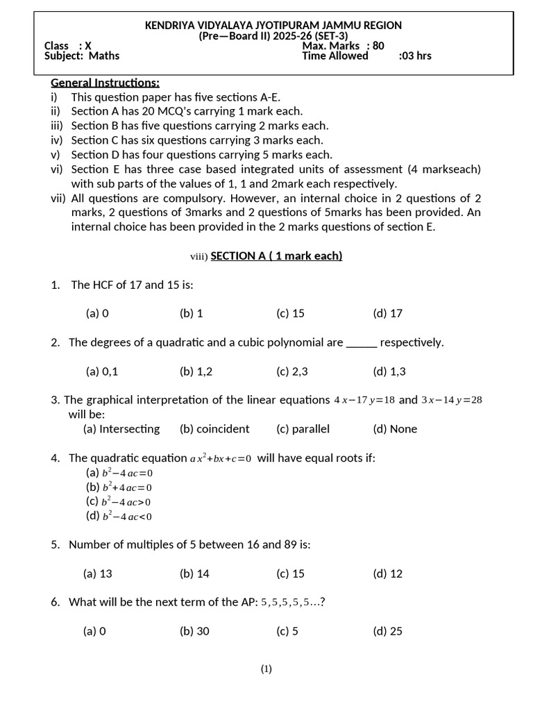 Qp Pb II x Set 03 Maths 2025 26 | PDF | Quadratic Equation | Equations