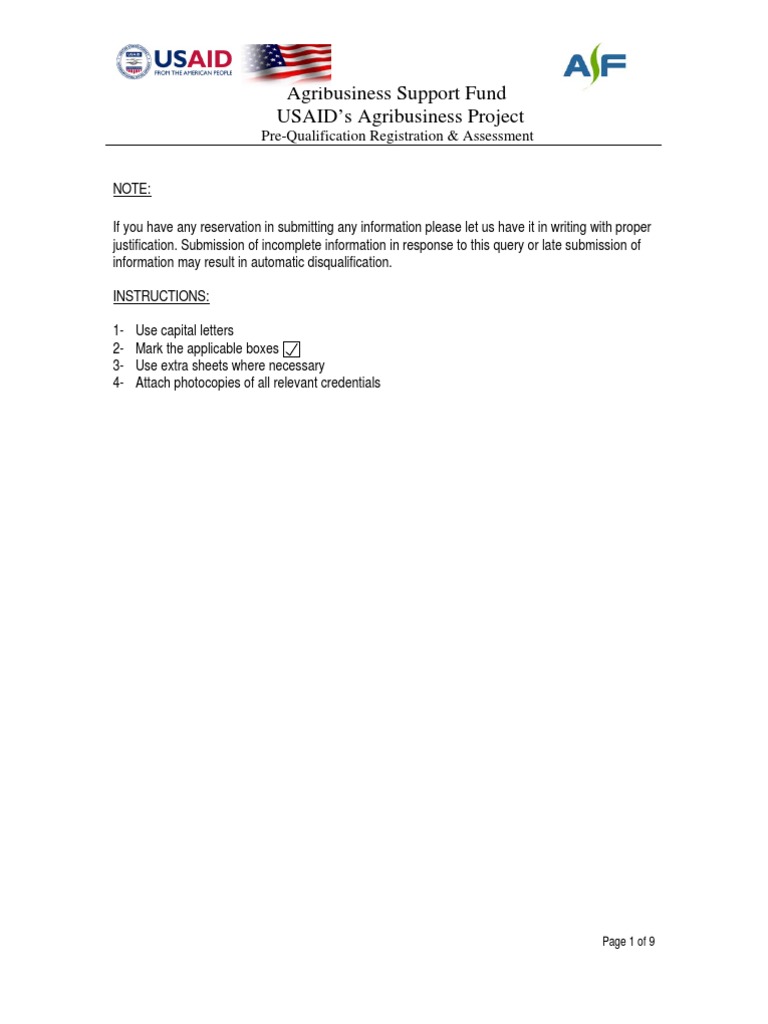 ASF Pre-Qualification Registration Form | PDF | United States Agency ...