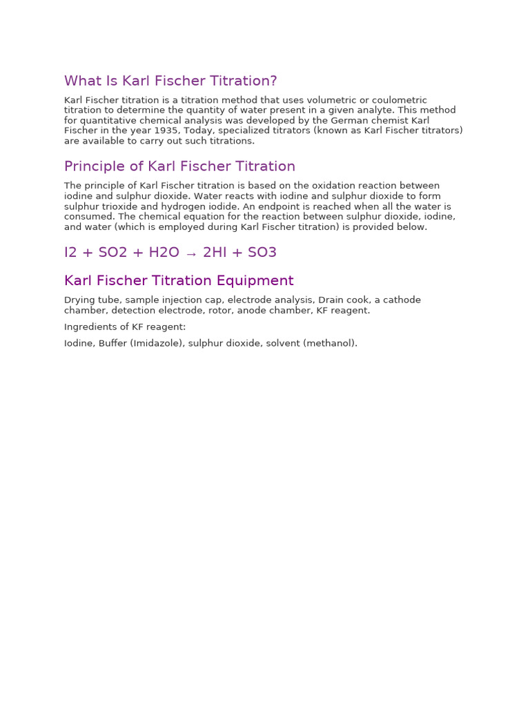 Karl Fischer Basic Theory | PDF | Titration | Chemistry