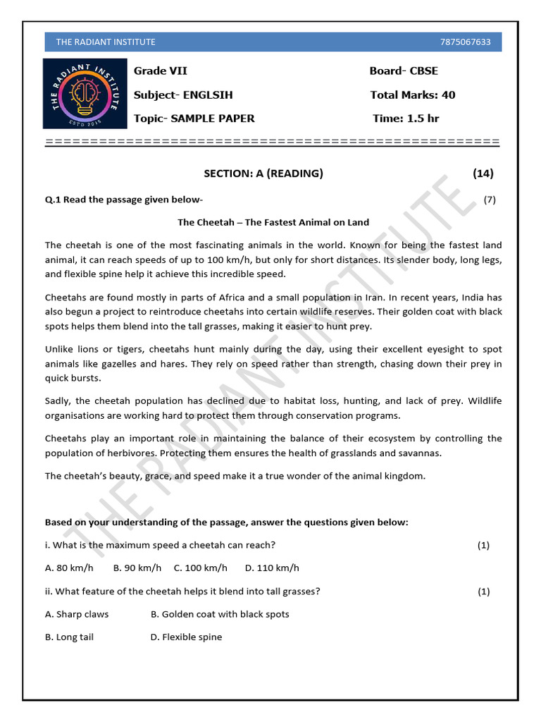 Class VII CBSE Sample Paper 1 | PDF